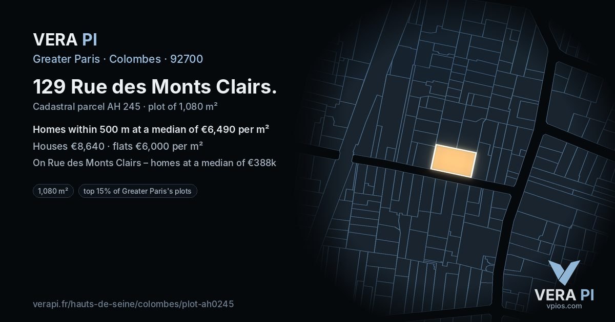 129 Rue des Monts Clairs, Colombes at night – the plot lit, the parcels around coloured by the prices near them