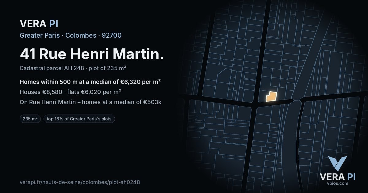 41 Rue Henri Martin, Colombes at night – the plot lit, the parcels around coloured by the prices near them