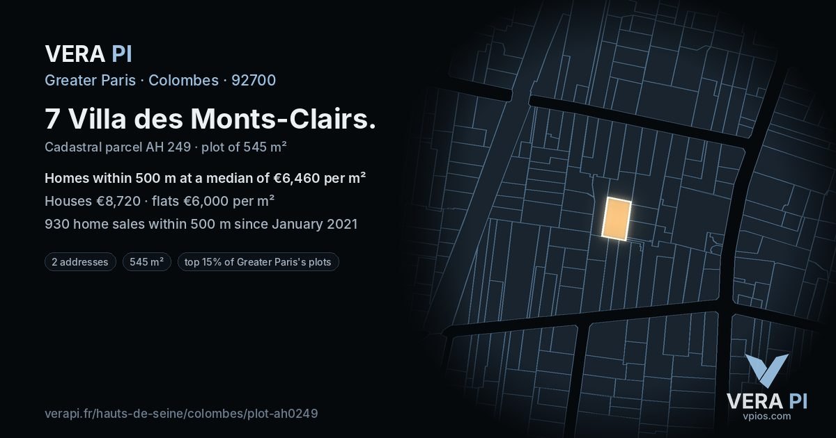 7 Villa des Monts-Clairs, Colombes at night – the plot lit, the parcels around coloured by the prices near them