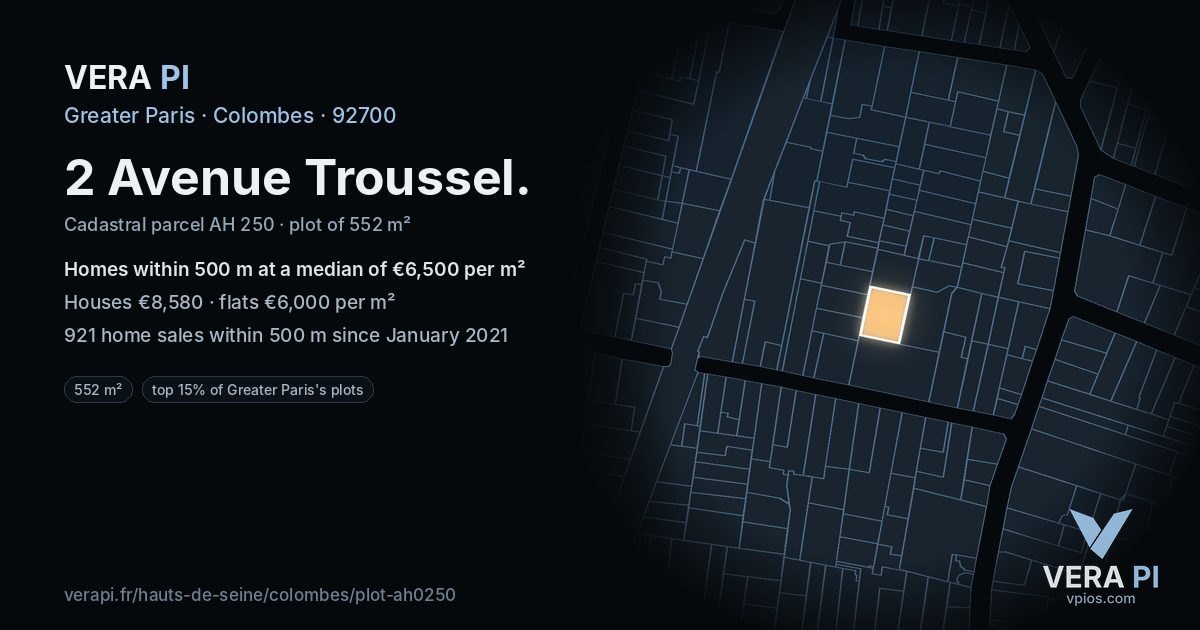 2 Avenue Troussel, Colombes at night – the plot lit, the parcels around coloured by the prices near them