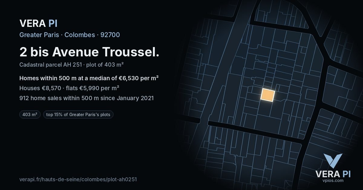 2 bis Avenue Troussel, Colombes at night – the plot lit, the parcels around coloured by the prices near them