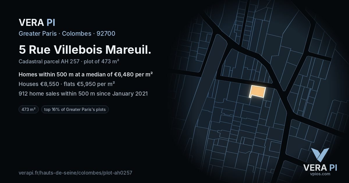 5 Rue Villebois Mareuil, Colombes at night – the plot lit, the parcels around coloured by the prices near them