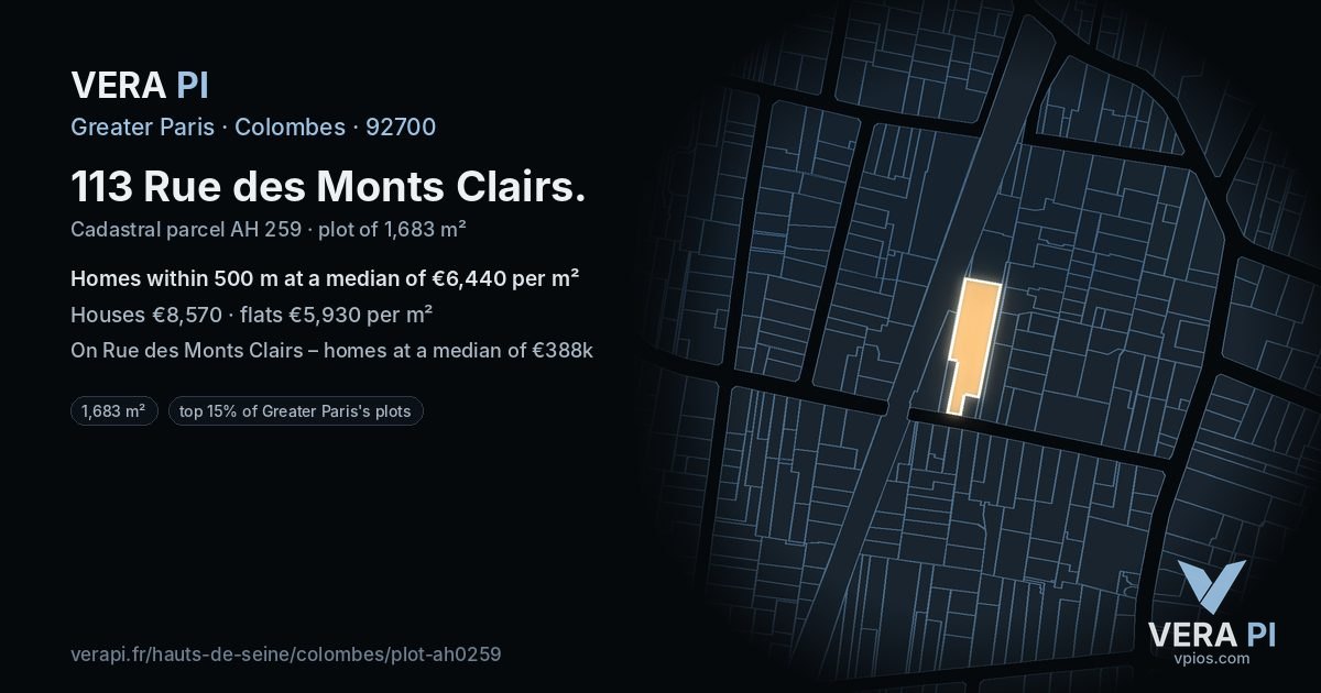 113 Rue des Monts Clairs, Colombes at night – the plot lit, the parcels around coloured by the prices near them
