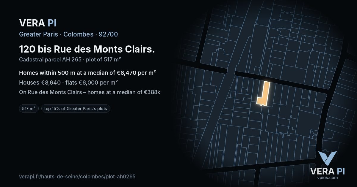 120 bis Rue des Monts Clairs, Colombes at night – the plot lit, the parcels around coloured by the prices near them