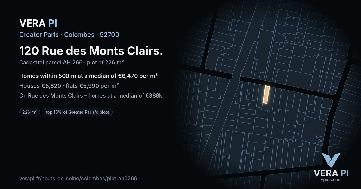120 Rue des Monts Clairs, Colombes at night – the plot lit, the parcels around coloured by the prices near them