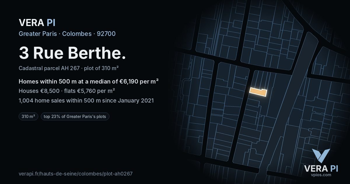 3 Rue Berthe, Colombes at night – the plot lit, the parcels around coloured by the prices near them