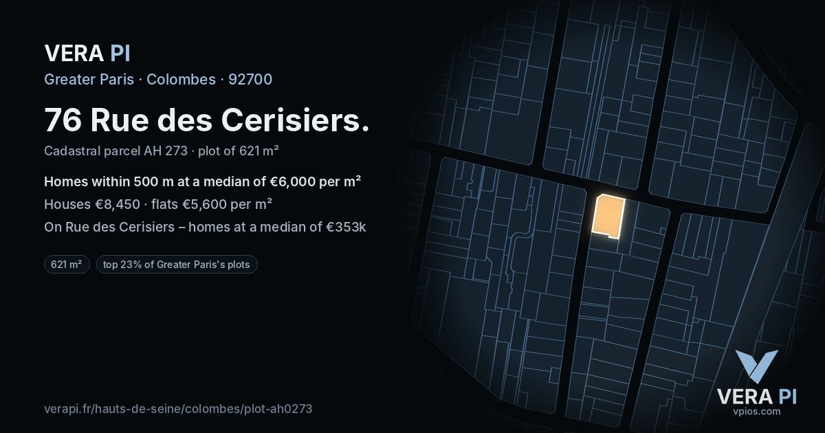 76 Rue des Cerisiers, Colombes at night – the plot lit, the parcels around coloured by the prices near them