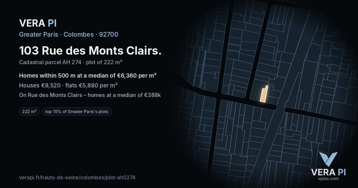 103 Rue des Monts Clairs, Colombes at night – the plot lit, the parcels around coloured by the prices near them