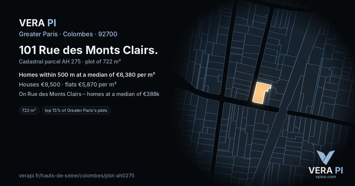 101 Rue des Monts Clairs, Colombes at night – the plot lit, the parcels around coloured by the prices near them