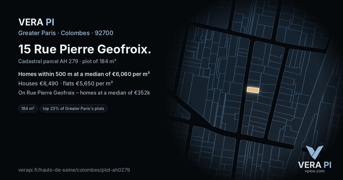 15 Rue Pierre Geofroix, Colombes at night – the plot lit, the parcels around coloured by the prices near them
