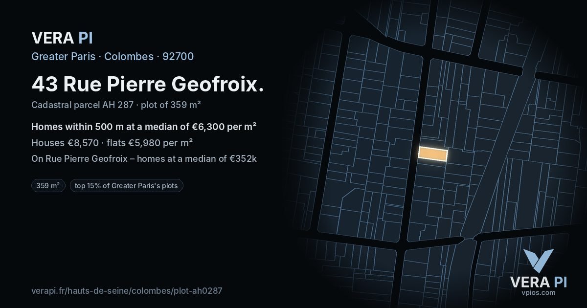 43 Rue Pierre Geofroix, Colombes at night – the plot lit, the parcels around coloured by the prices near them