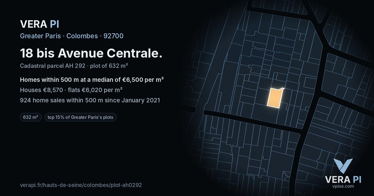 18 bis Avenue Centrale, Colombes at night – the plot lit, the parcels around coloured by the prices near them