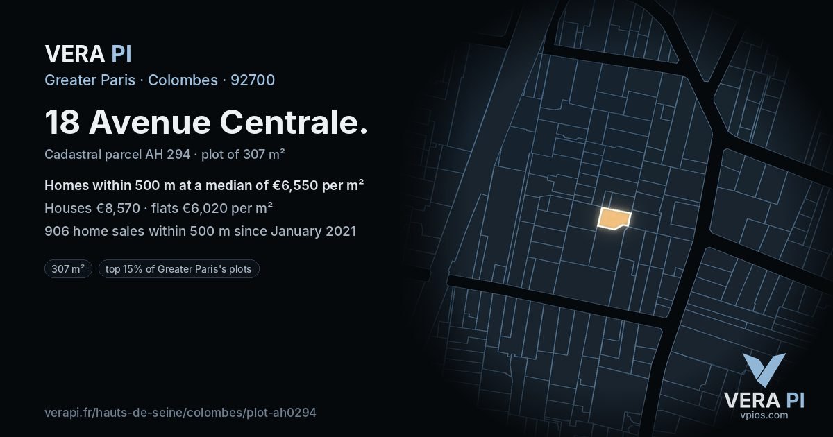 18 Avenue Centrale, Colombes at night – the plot lit, the parcels around coloured by the prices near them