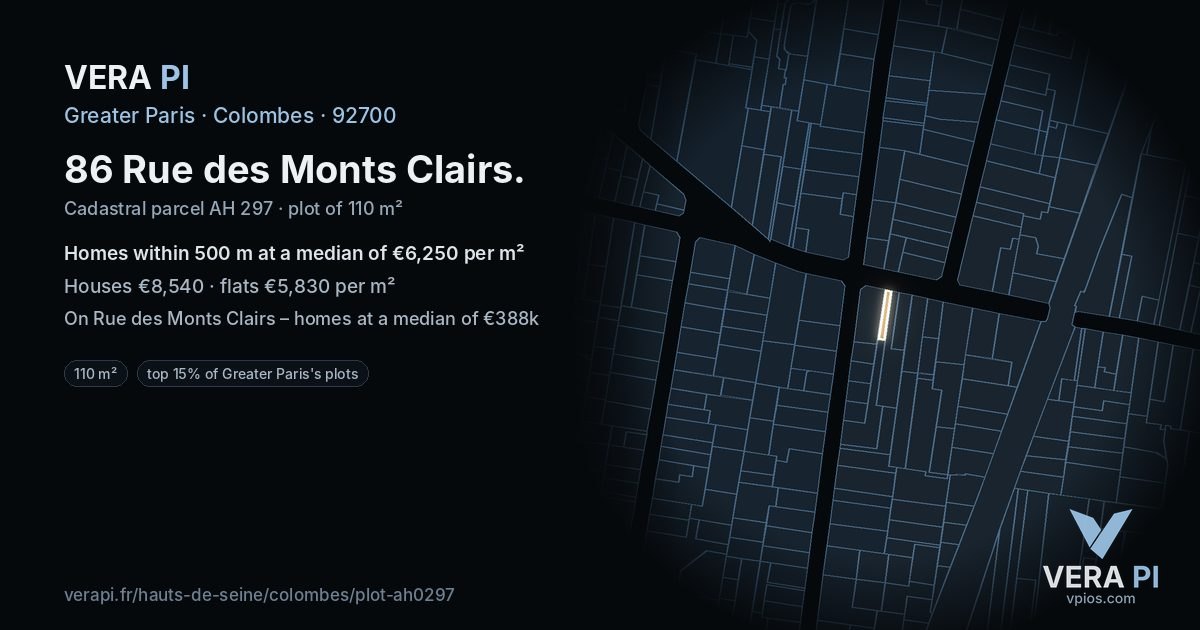 86 Rue des Monts Clairs, Colombes at night – the plot lit, the parcels around coloured by the prices near them