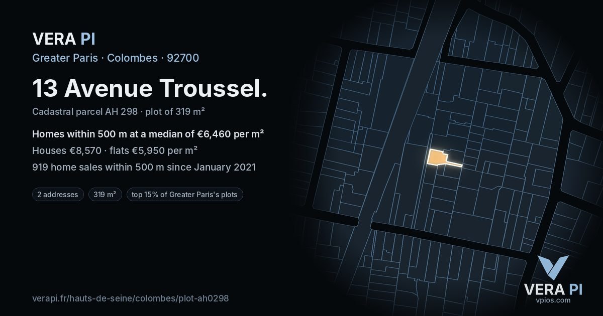 13 Avenue Troussel, Colombes at night – the plot lit, the parcels around coloured by the prices near them