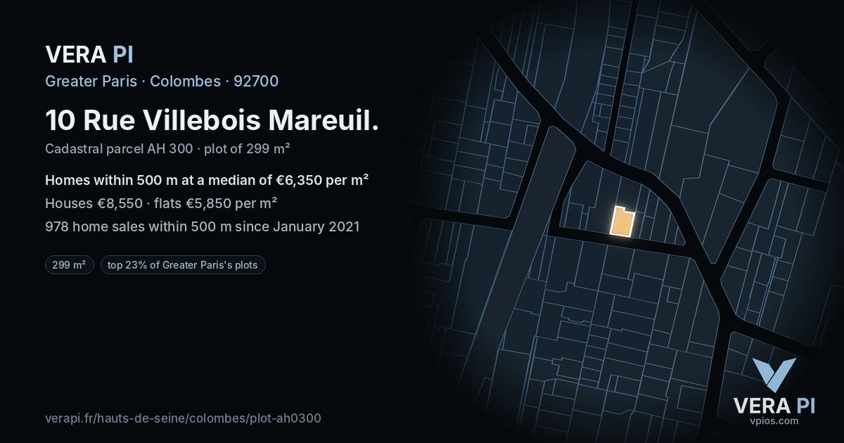 10 Rue Villebois Mareuil, Colombes at night – the plot lit, the parcels around coloured by the prices near them