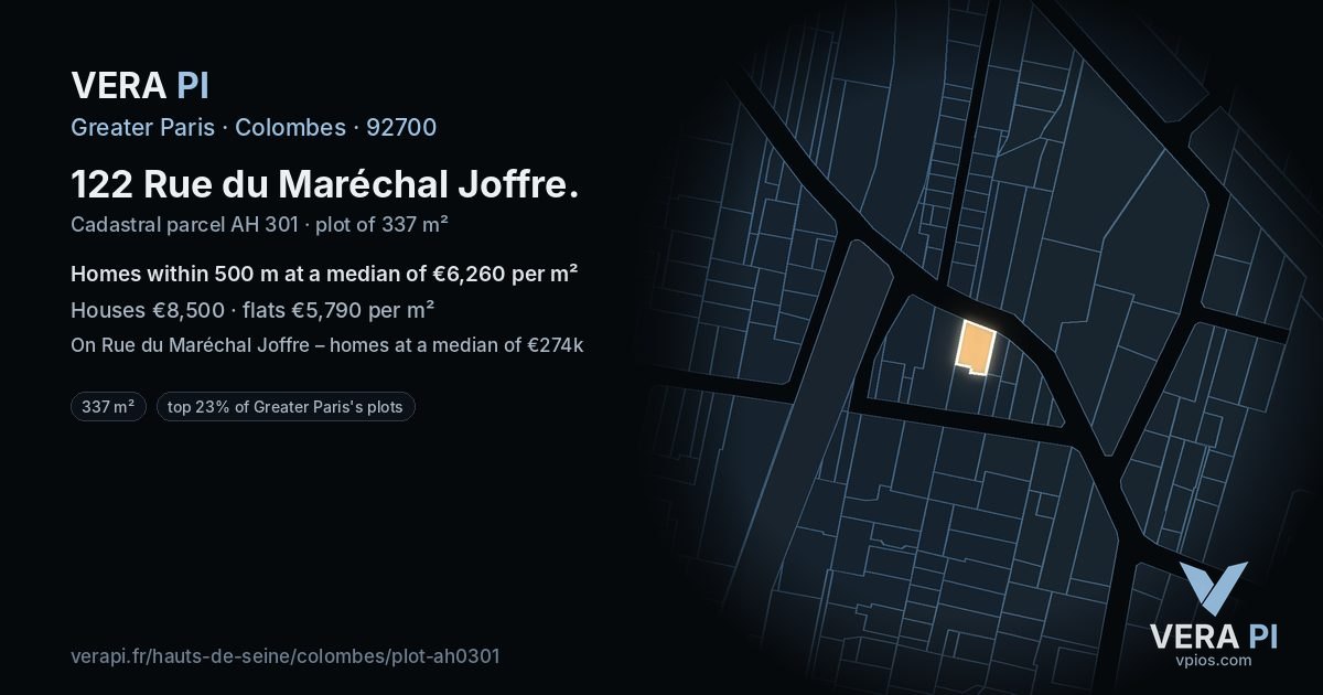 122 Rue du Maréchal Joffre, Colombes at night – the plot lit, the parcels around coloured by the prices near them