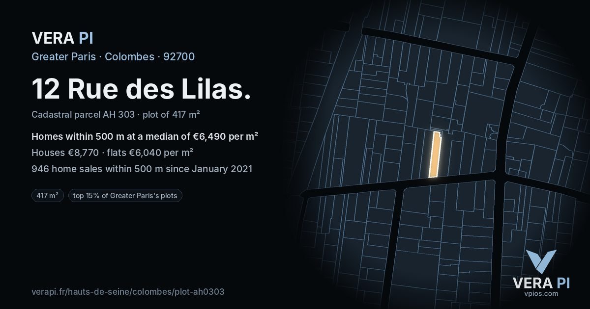 12 Rue des Lilas, Colombes at night – the plot lit, the parcels around coloured by the prices near them