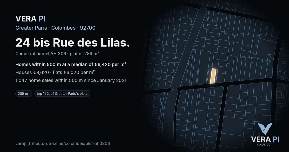 24 bis Rue des Lilas, Colombes at night – the plot lit, the parcels around coloured by the prices near them