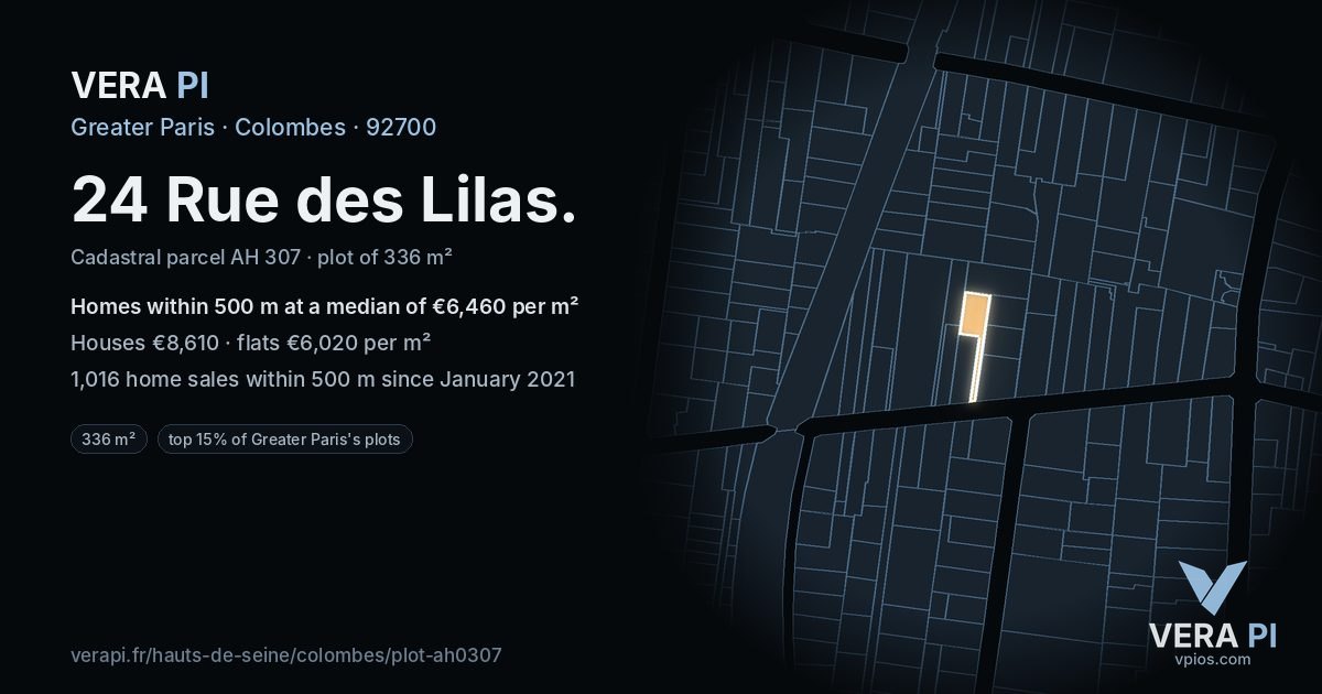 24 Rue des Lilas, Colombes at night – the plot lit, the parcels around coloured by the prices near them