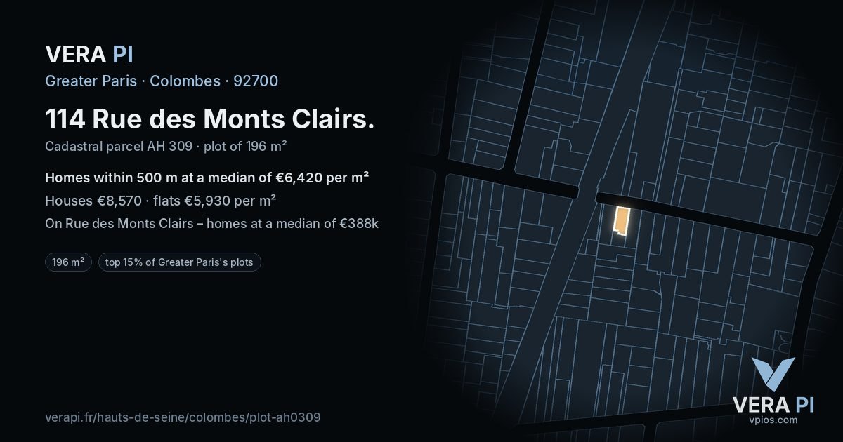 114 Rue des Monts Clairs, Colombes at night – the plot lit, the parcels around coloured by the prices near them