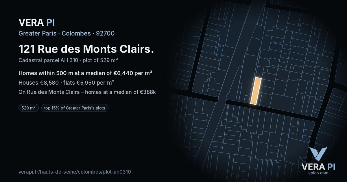 121 Rue des Monts Clairs, Colombes at night – the plot lit, the parcels around coloured by the prices near them