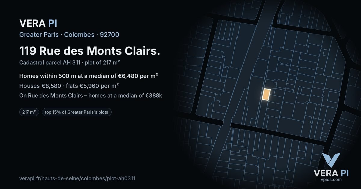 119 Rue des Monts Clairs, Colombes at night – the plot lit, the parcels around coloured by the prices near them