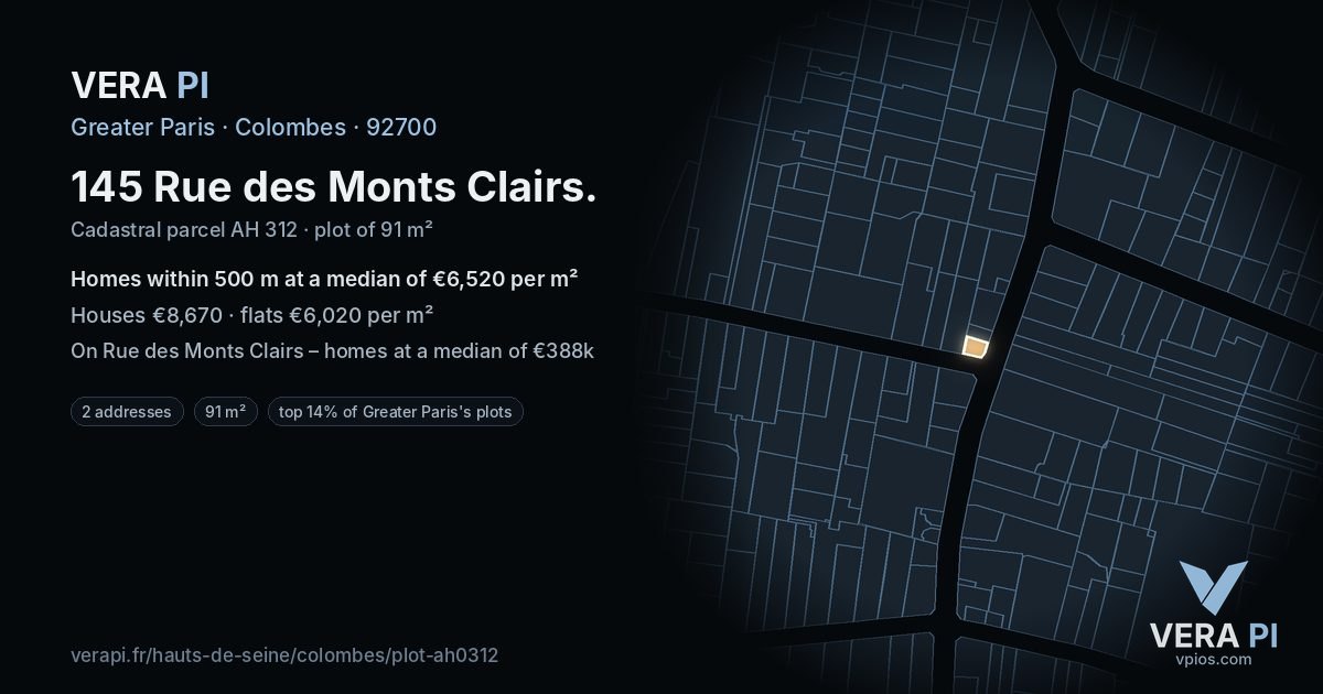 145 Rue des Monts Clairs, Colombes at night – the plot lit, the parcels around coloured by the prices near them