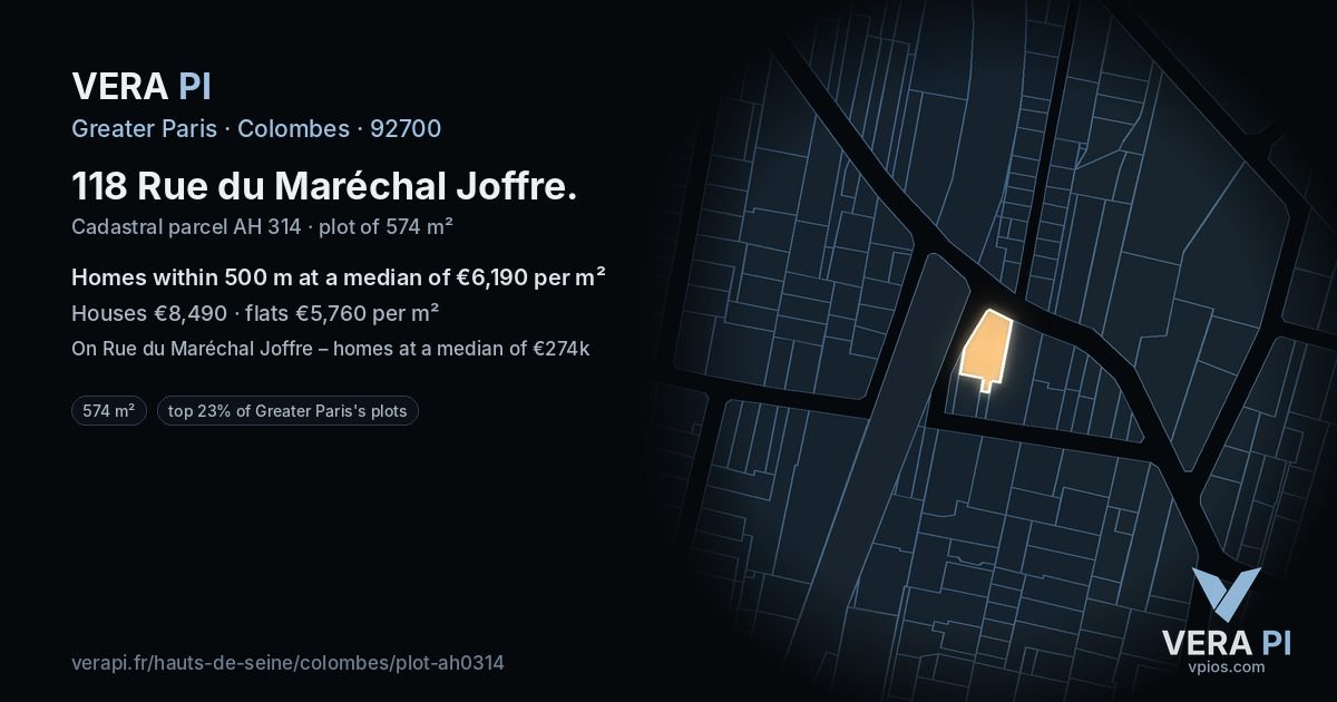 118 Rue du Maréchal Joffre, Colombes at night – the plot lit, the parcels around coloured by the prices near them