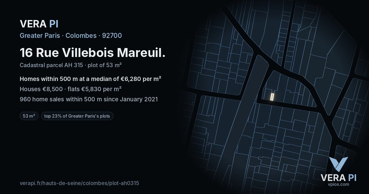 16 Rue Villebois Mareuil, Colombes at night – the plot lit, the parcels around coloured by the prices near them
