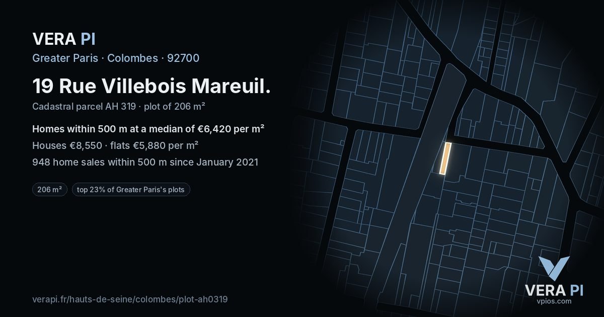 19 Rue Villebois Mareuil, Colombes at night – the plot lit, the parcels around coloured by the prices near them