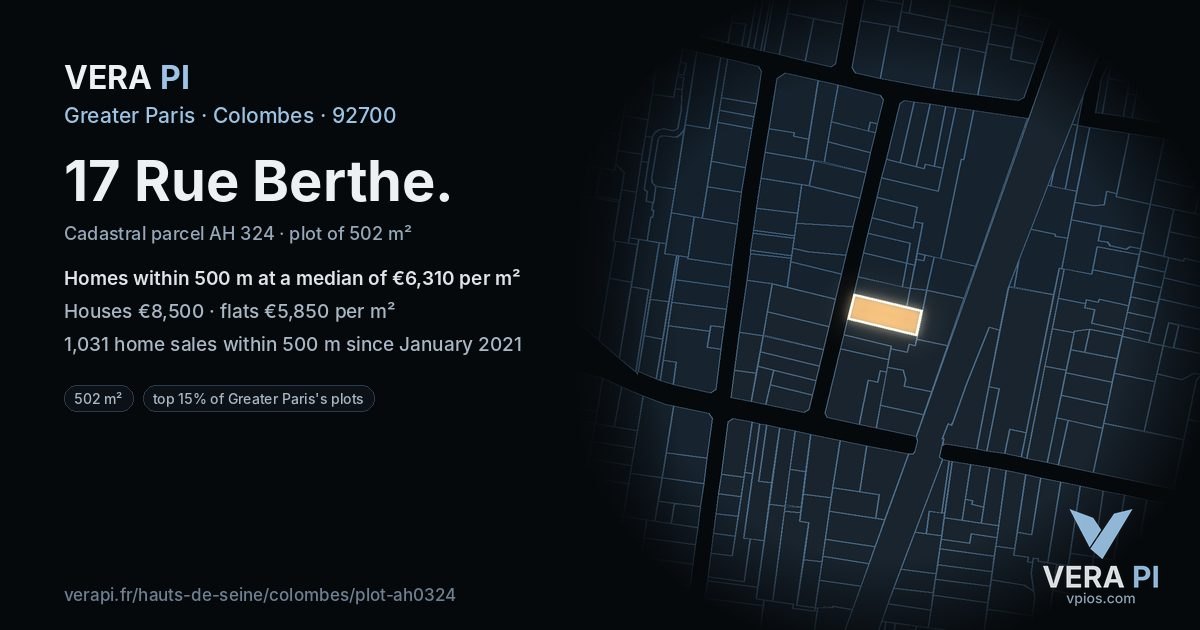 17 Rue Berthe, Colombes at night – the plot lit, the parcels around coloured by the prices near them