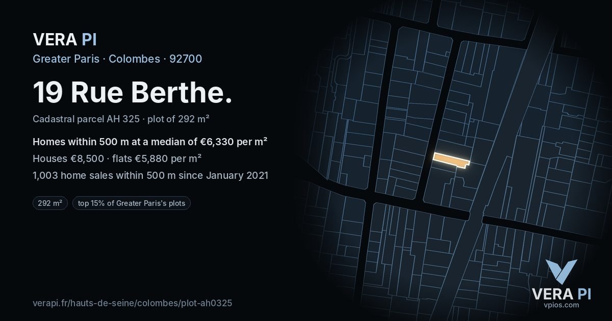 19 Rue Berthe, Colombes at night – the plot lit, the parcels around coloured by the prices near them
