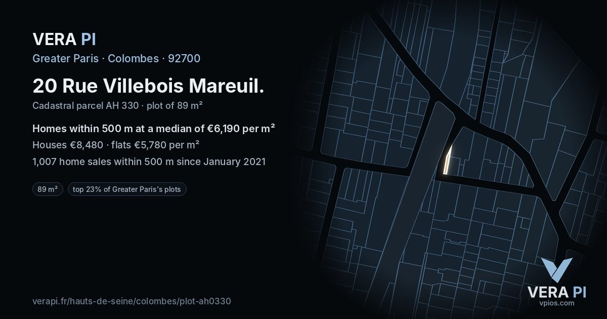 20 Rue Villebois Mareuil, Colombes at night – the plot lit, the parcels around coloured by the prices near them