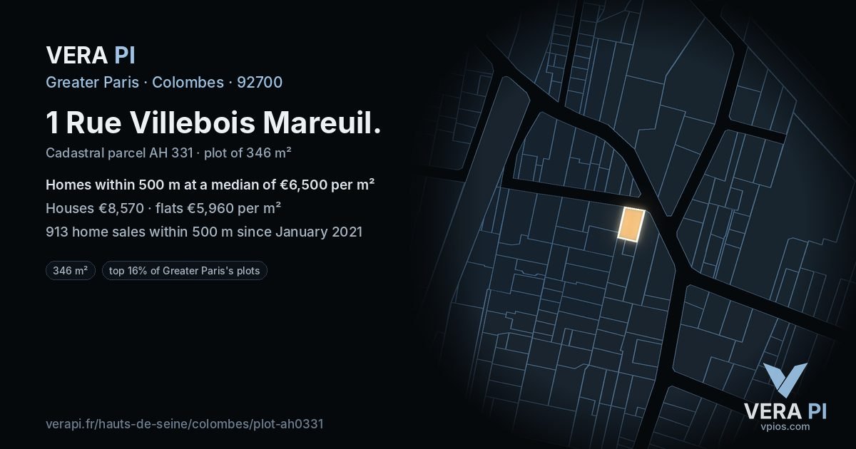 1 Rue Villebois Mareuil, Colombes at night – the plot lit, the parcels around coloured by the prices near them