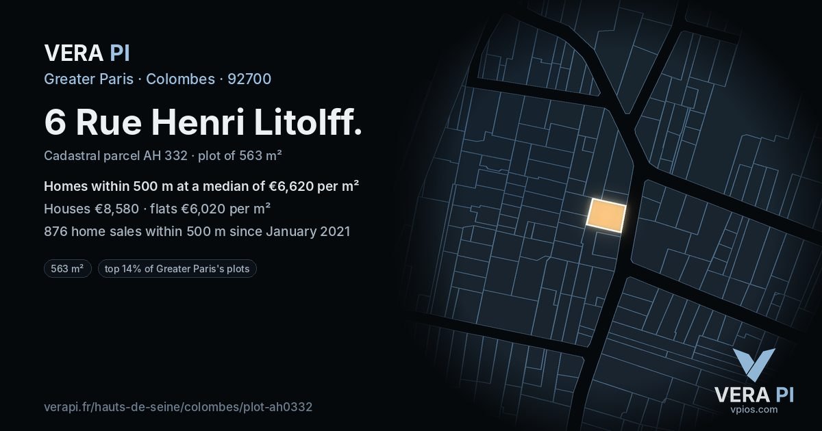 6 Rue Henri Litolff, Colombes at night – the plot lit, the parcels around coloured by the prices near them