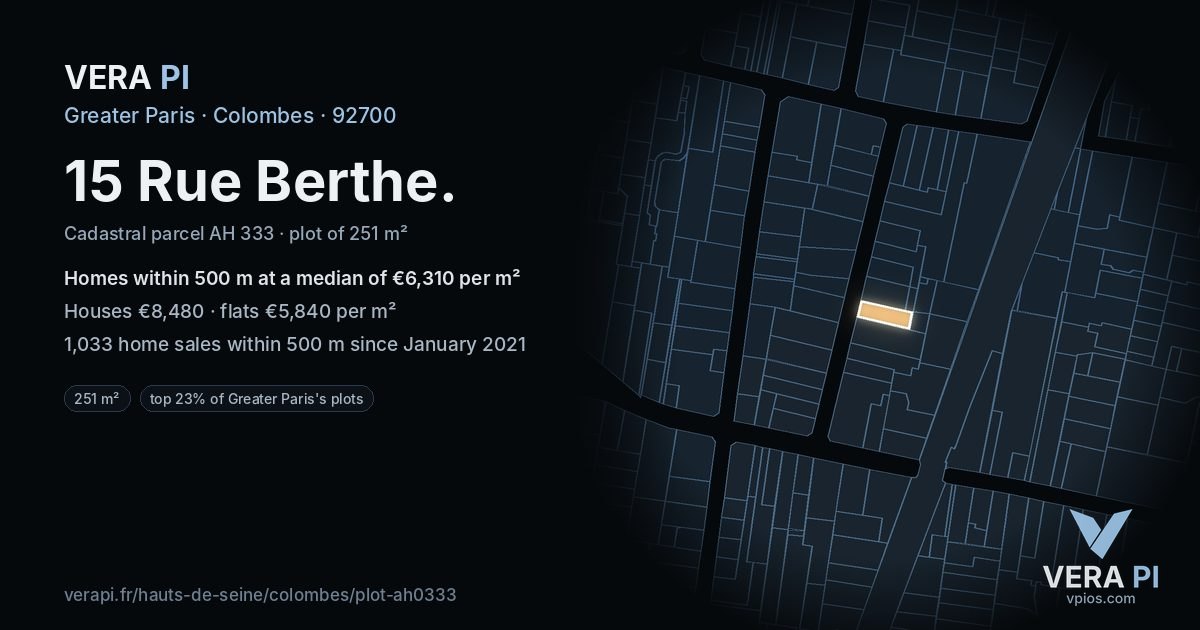 15 Rue Berthe, Colombes at night – the plot lit, the parcels around coloured by the prices near them