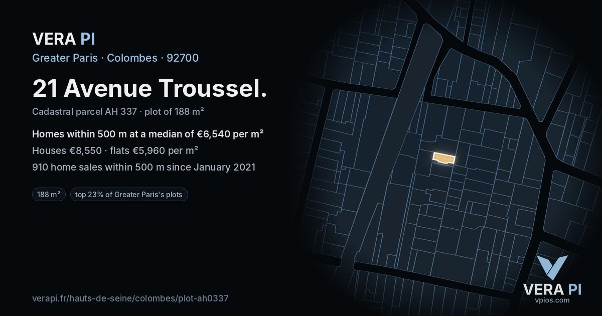 21 Avenue Troussel, Colombes at night – the plot lit, the parcels around coloured by the prices near them