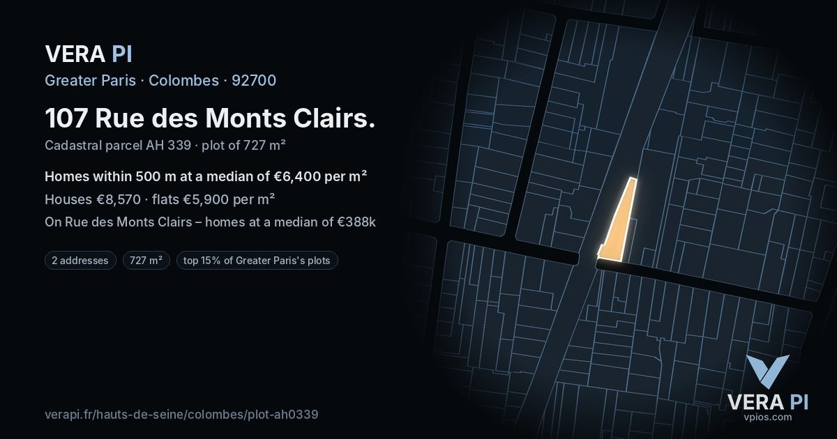 107 Rue des Monts Clairs, Colombes at night – the plot lit, the parcels around coloured by the prices near them