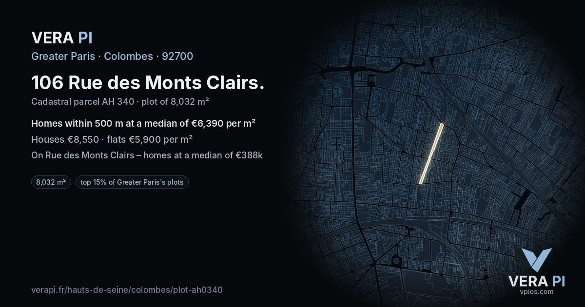 106 Rue des Monts Clairs, Colombes at night – the plot lit, the parcels around coloured by the prices near them