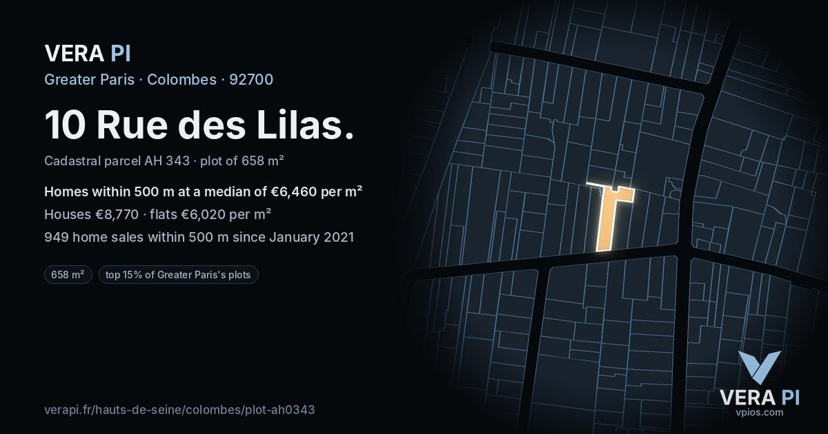 10 Rue des Lilas, Colombes at night – the plot lit, the parcels around coloured by the prices near them