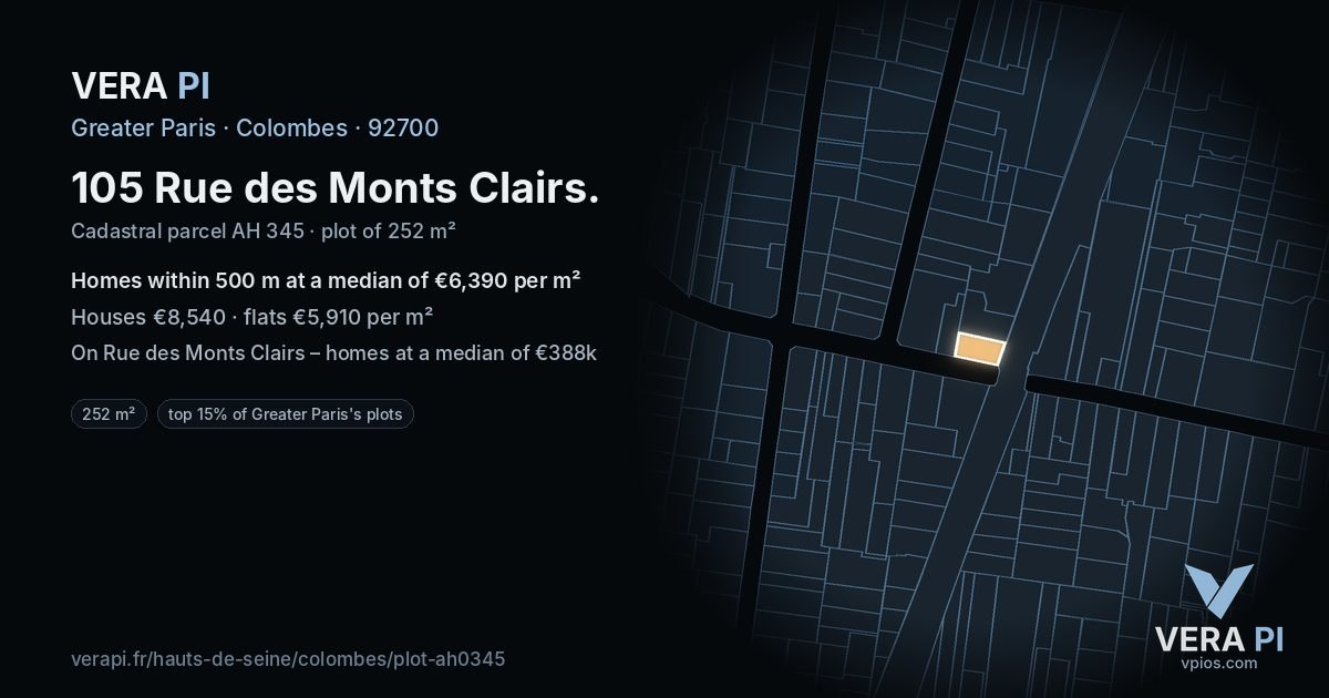 105 Rue des Monts Clairs, Colombes at night – the plot lit, the parcels around coloured by the prices near them