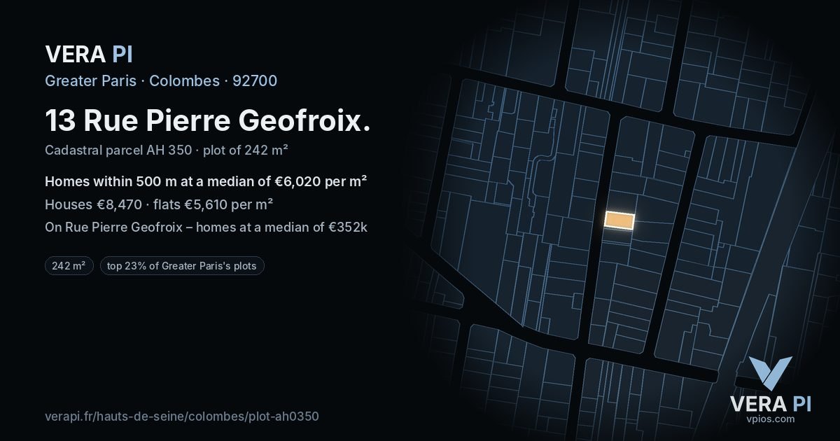 13 Rue Pierre Geofroix, Colombes at night – the plot lit, the parcels around coloured by the prices near them