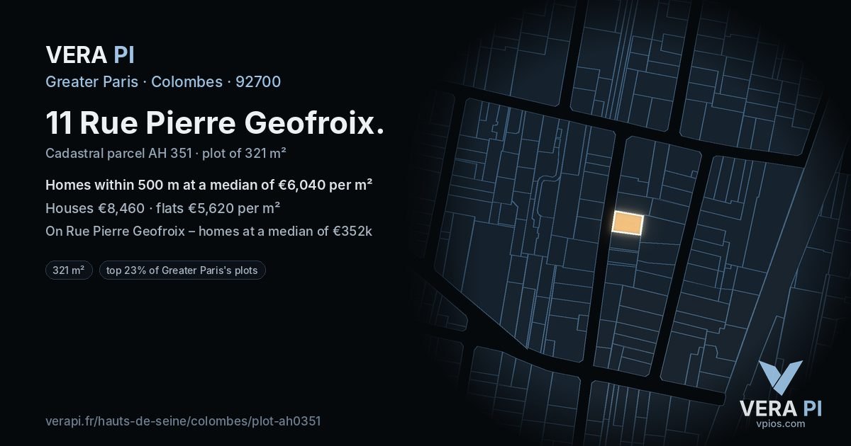 11 Rue Pierre Geofroix, Colombes at night – the plot lit, the parcels around coloured by the prices near them