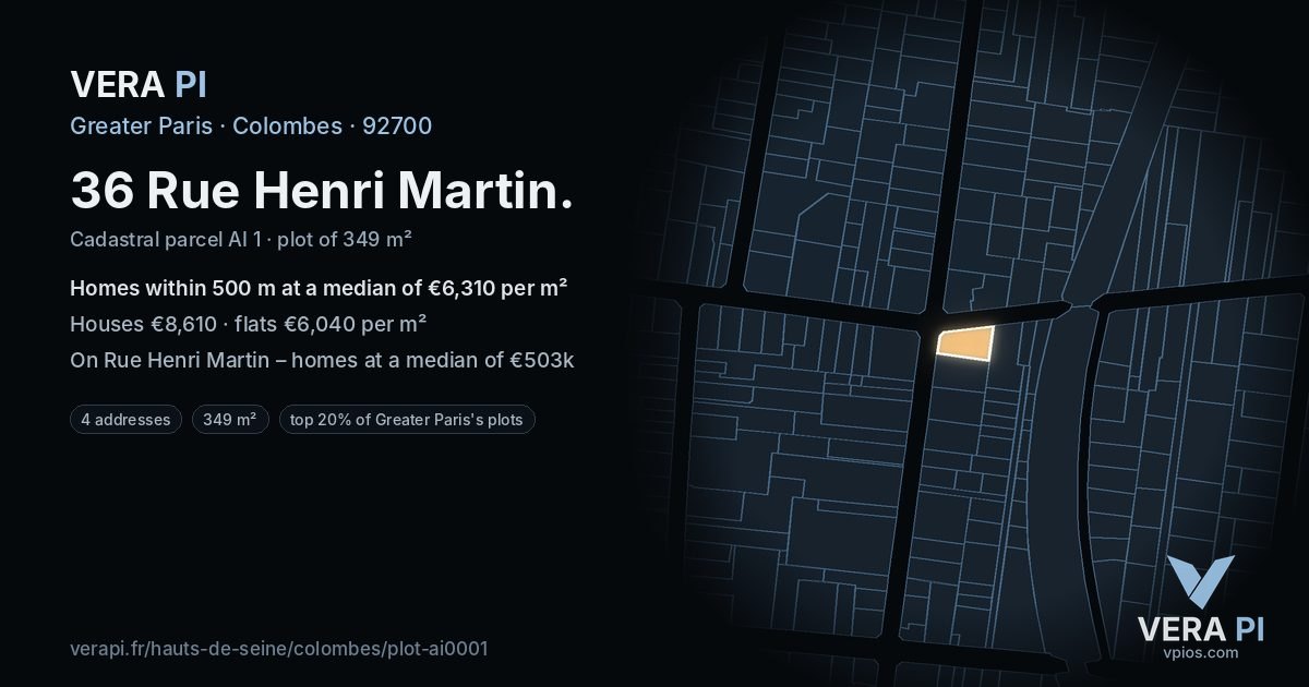 36 Rue Henri Martin, Colombes at night – the plot lit, the parcels around coloured by the prices near them