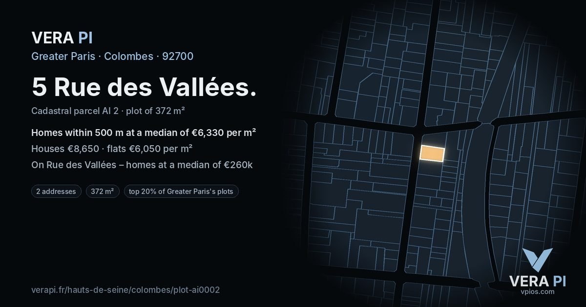 5 Rue des Vallées, Colombes at night – the plot lit, the parcels around coloured by the prices near them