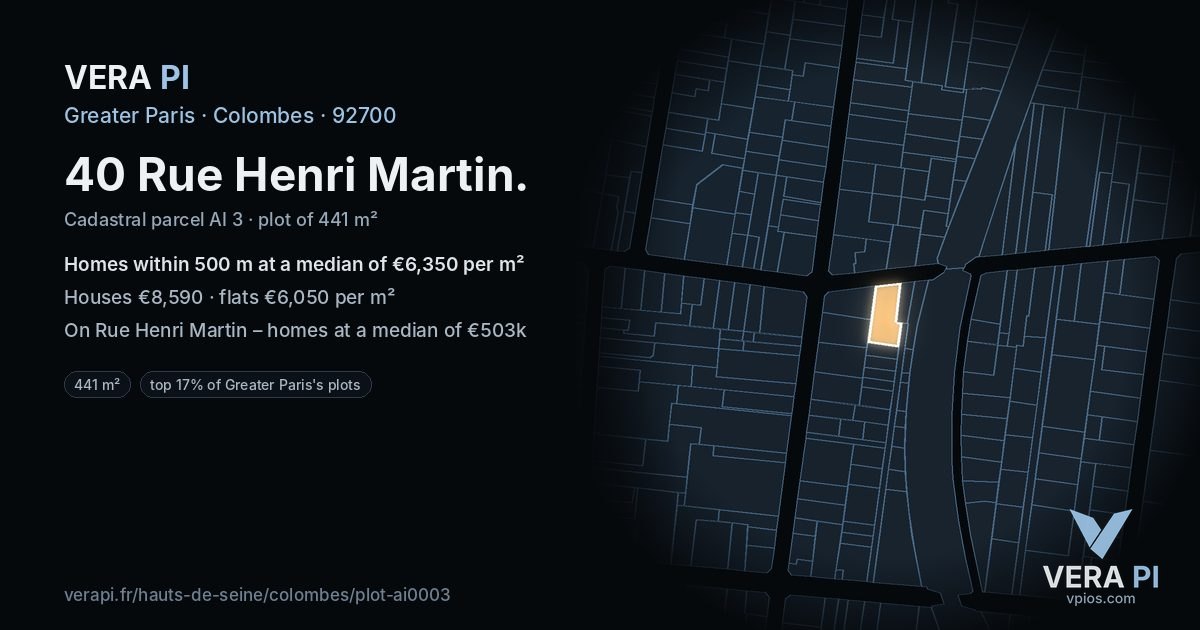 40 Rue Henri Martin, Colombes at night – the plot lit, the parcels around coloured by the prices near them