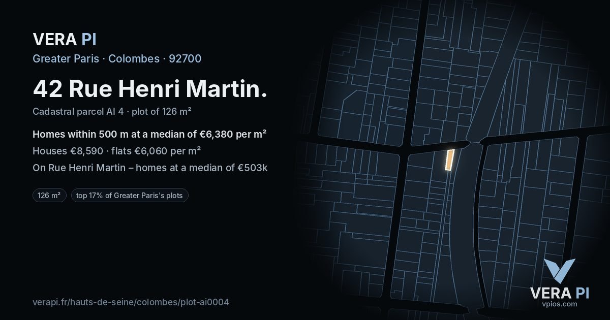 42 Rue Henri Martin, Colombes at night – the plot lit, the parcels around coloured by the prices near them