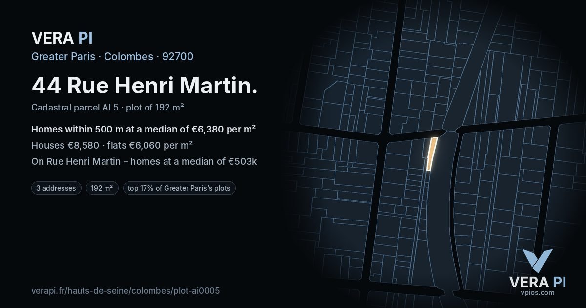 44 Rue Henri Martin, Colombes at night – the plot lit, the parcels around coloured by the prices near them