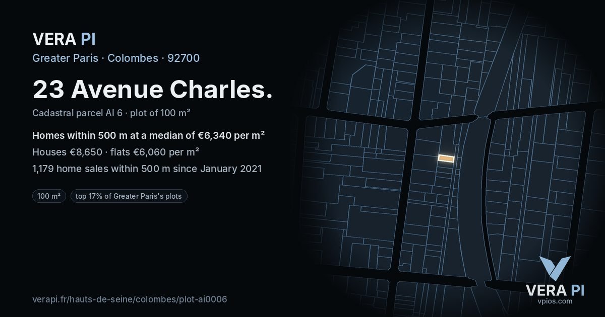 23 Avenue Charles, Colombes at night – the plot lit, the parcels around coloured by the prices near them